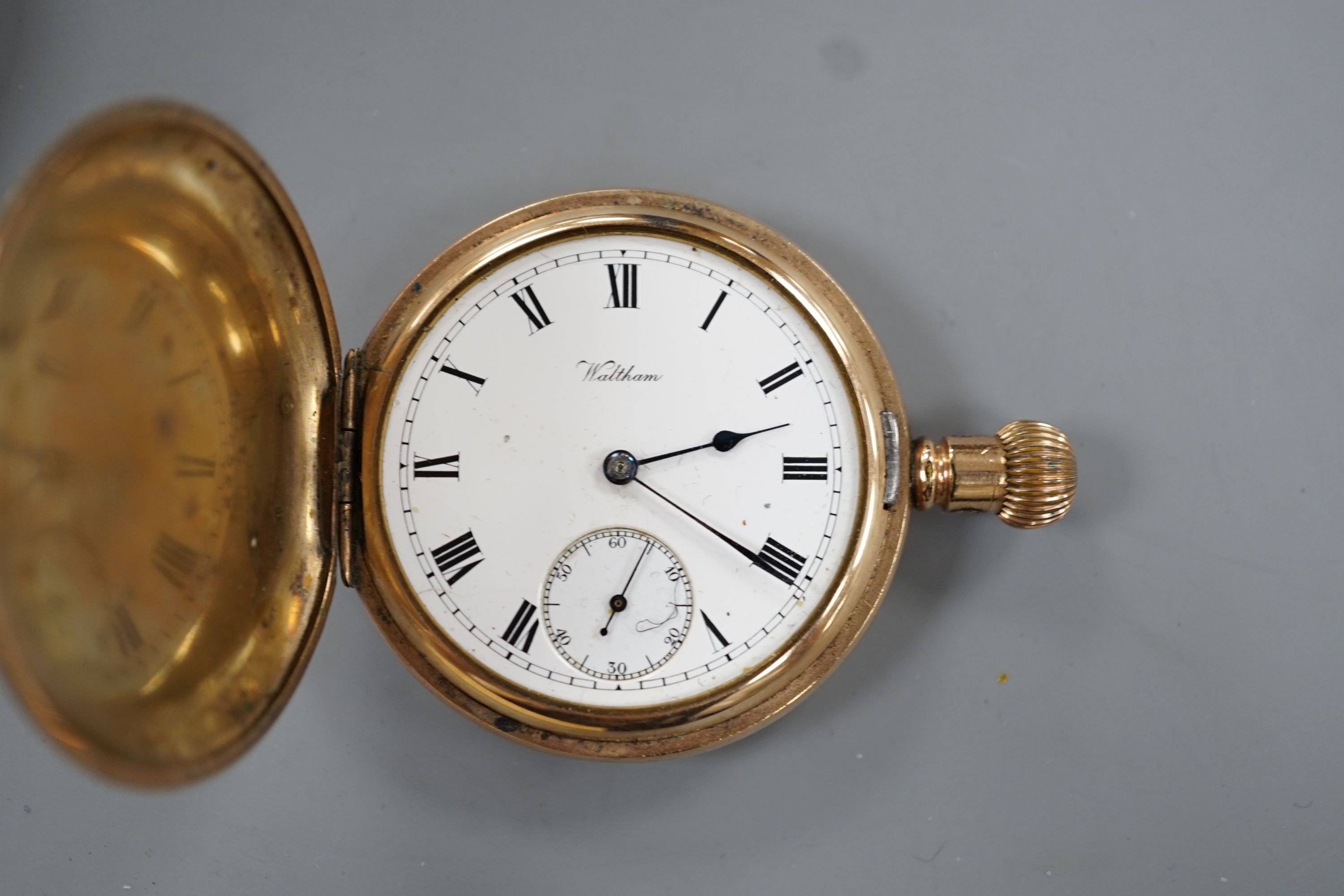 An 18k fob watch(a.f.) gross 20.4 grams, a 9ct wrist watch on a 9ct expanding bracelet, gross 20.7 grams, a gold plated pocket watch, an 800 fob watch and a 19th century silver pair cased verge keywind pocket watch, by J